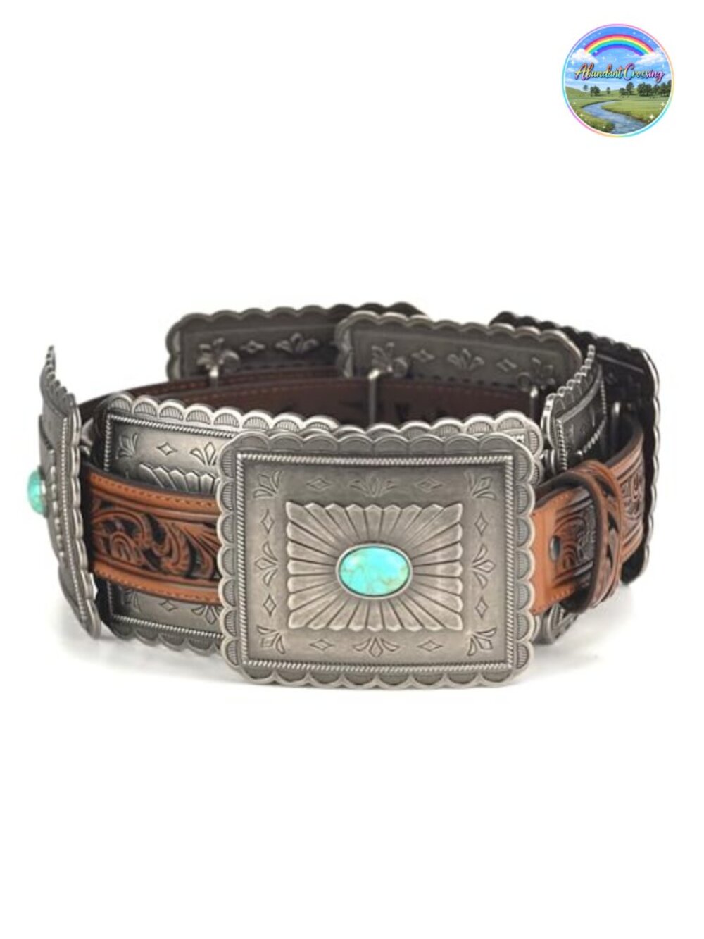 Women's Leather Western Belt with Concho Accents and Turquoise Stone Center